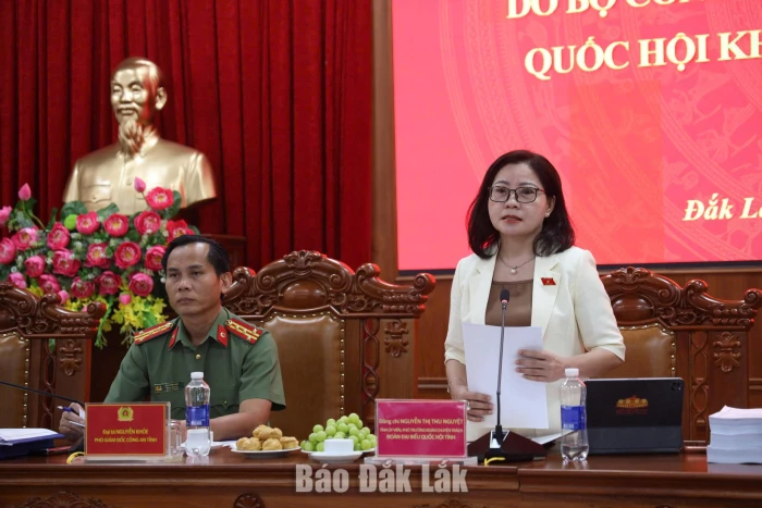 Đồng chí Nguyễn Thị Thu Nguyệt, Phó Trưởng đoàn chuyên trách Đoàn ĐBQH tỉnh phát biểu.