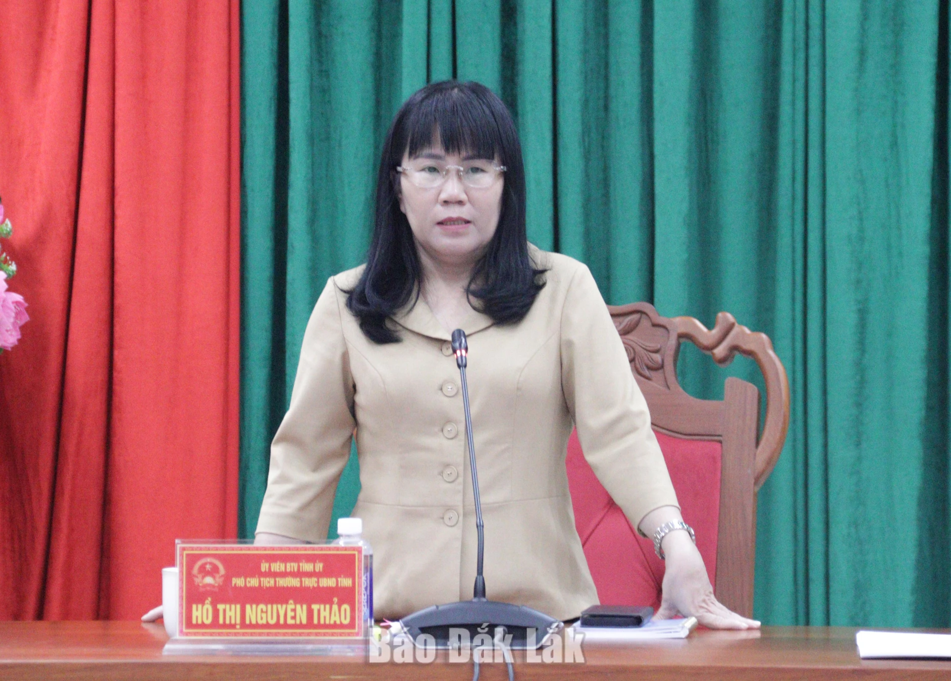 Ủy viên Ban Thường vụ Tỉnh ủy, Phó Chủ tịch Thường trực UBND tỉnh Hồ Thị Nguyên Thảo phát biểu tại cuộc họp.