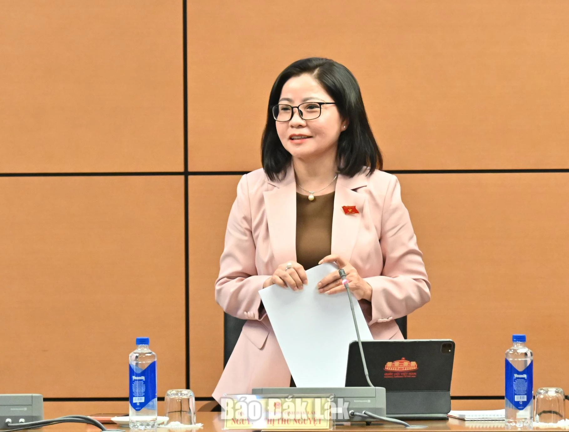 Đại biểu Nguyễn Thị Thu Nguyệt, Phó Trưởng đoàn chuyên trách Đoàn ĐBQH tỉnh phát biểu tại phiên thảo luận. Ảnh: Đoàn ĐBQH tỉnh cung cấp
