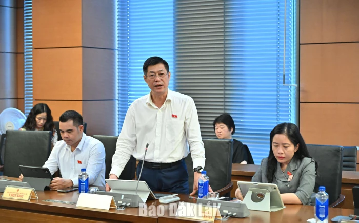 Đại biểu Nguyễn Hoàng Giang, Giám đốc Sở Dân tộc và Tôn giáo thảo luận tại phiên làm việc. Ảnh: Đoàn ĐBQH tỉnh cung cấp