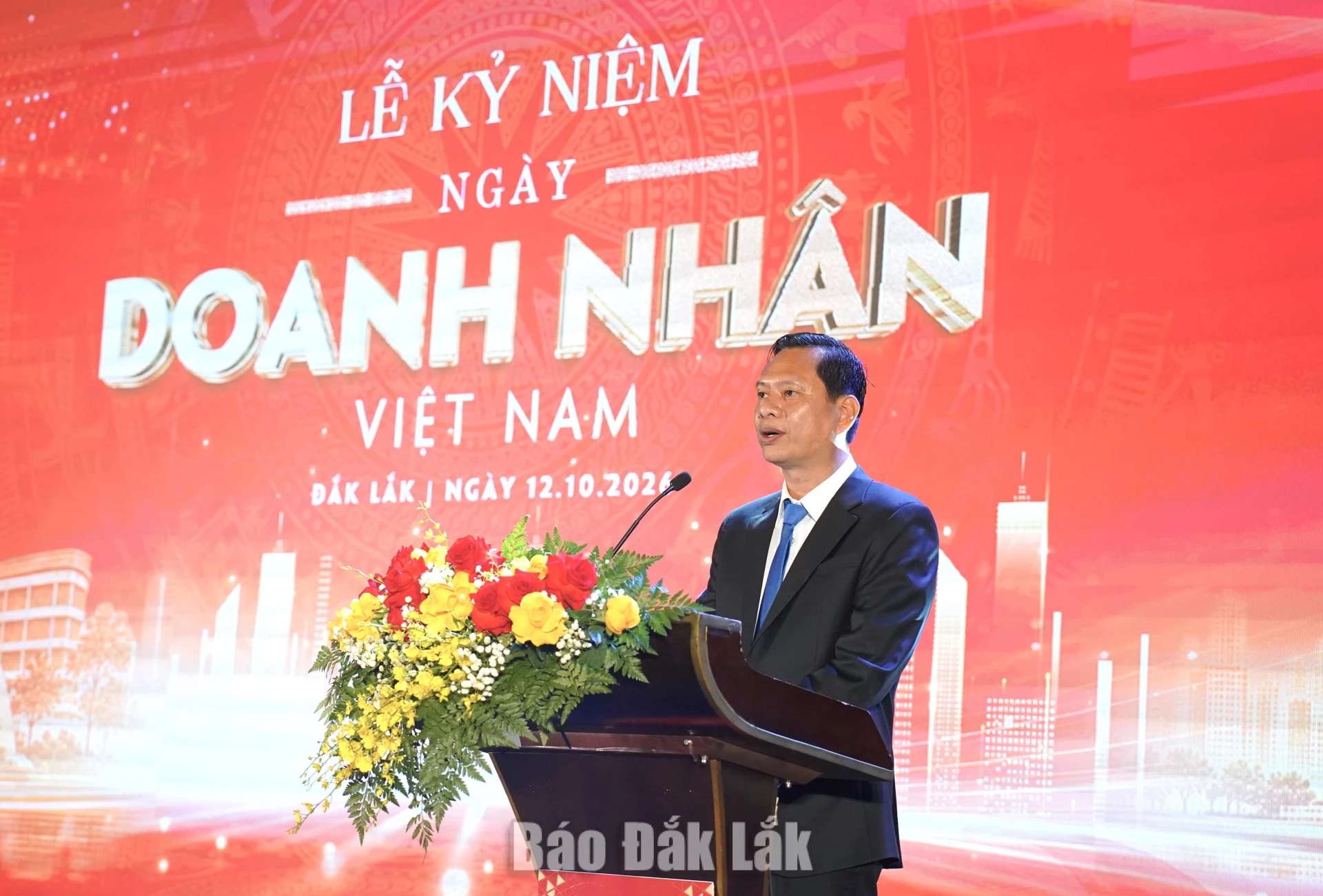 Chủ tịch Hiệp hội Doanh nghiệp tỉnh Phạm Đông Thanh phát biểu tại buổi lễ.