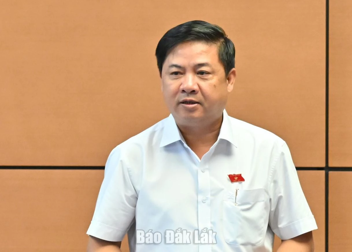 đồng chí Lương Nguyễn Minh Triết, Ủy viên Trung ương Đảng, Bí thư Tỉnh ủy, Trưởng Đoàn ĐBQH tỉnh phát biểu thảo luận. Ảnh: Đoàn ĐBQH tỉnh cung cấp