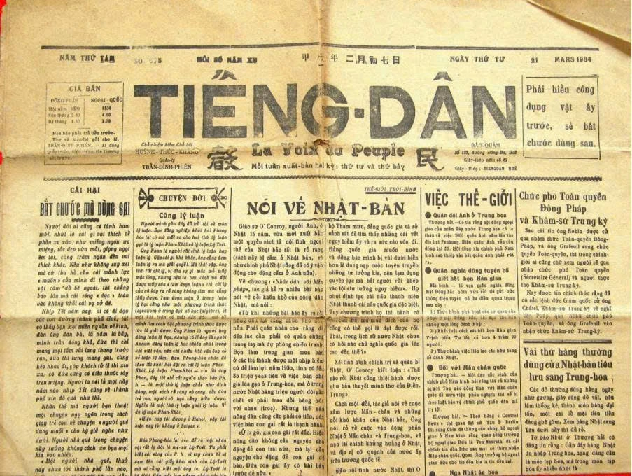 Tờ báo Tiếng Dân do cụ Huỳnh Thúc Kháng làm chủ bút. Ảnh tư liệu: TTXVN