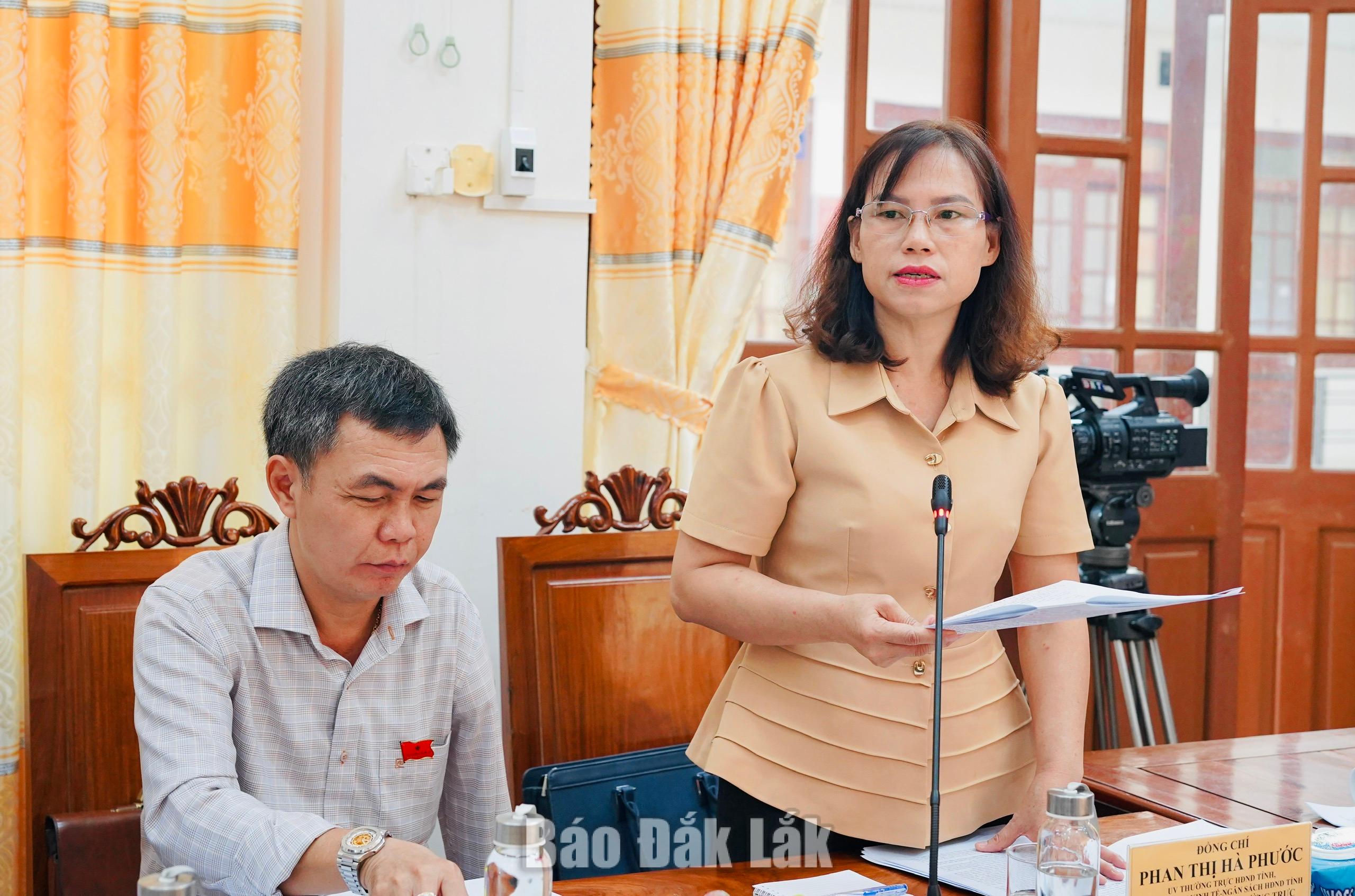 Bà Phan Thị Hà Phước, Trưởng Ban Kinh tế - Ngân sách HĐND tỉnh, Phó Trưởng Đoàn giám sát phát biểu ý kiến tại buổi làm việc.