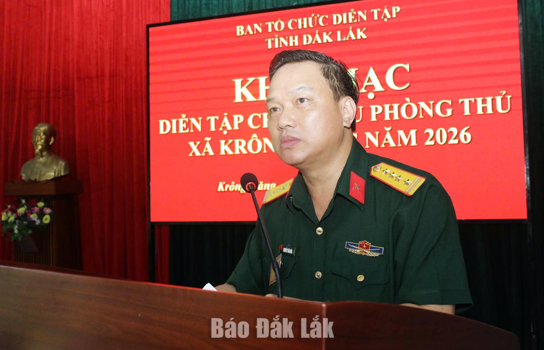 Đại tá Nguyễn Văn Hòa, Chỉ huy trưởng Bộ CHQS tỉnh phát biểu tại buổi khai mạc.