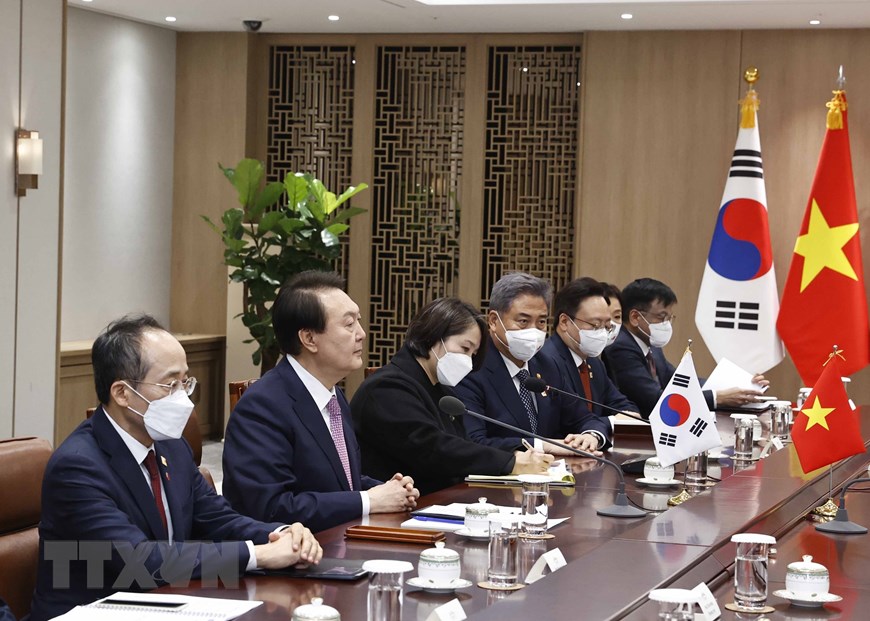 Tổng thống Hàn Quốc Yoon Suk-yeol phát biểu tại buổi hội đàm. (Ảnh: Thống Nhất/TTXVN)