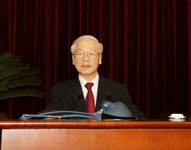 Tổng Bí thư Nguyễn Phú Trọng phát biểu tại Hội nghị Trung ương 4 khóa XIII. (Ảnh TTXVN)