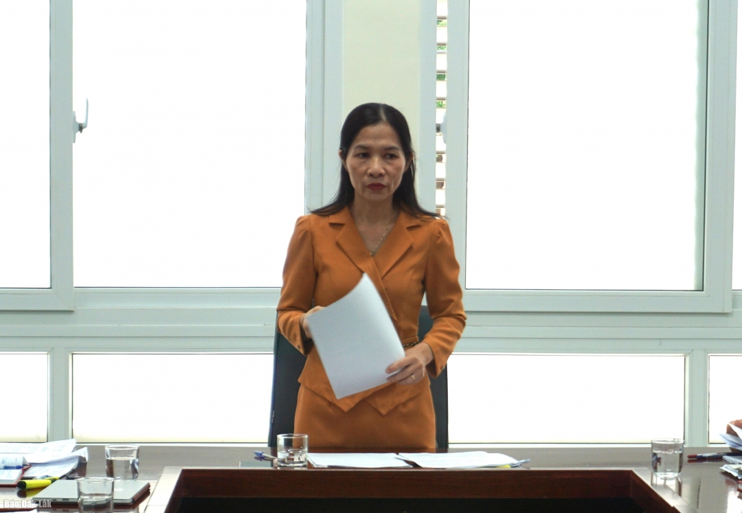 Trưởng ban Pháp chế HĐND tỉnh Phạm Thị Phương Hoa phát biểu tại buổi làm việc.