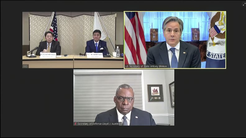 Các bộ trưởng ngoại giao và quốc phòng Nhật Bản và Mỹ nhóm họp theo hình thức trực tuyến. (Nguồn: AP)