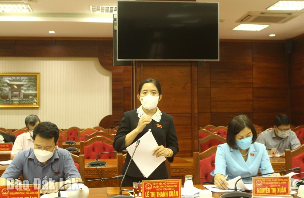 Phó Trưởng đoàn chuyên trách Đoàn ĐBQH tỉnh Lê Thị Thanh Xuân phát biểu tại buổi làm việc.