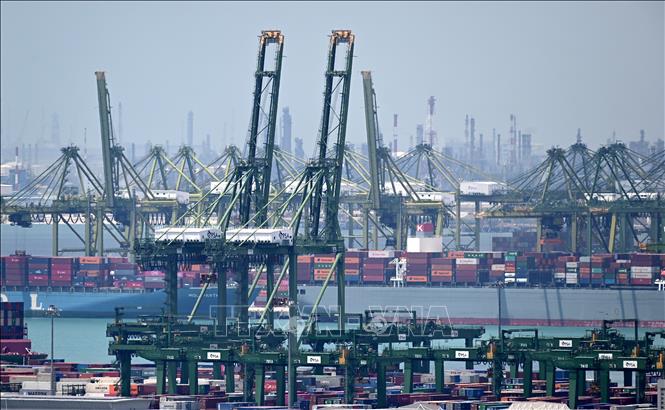 Vận chuyển hàng hóa tại cảng ở Singapore. Ảnh tư liệu: THX/TTXVN