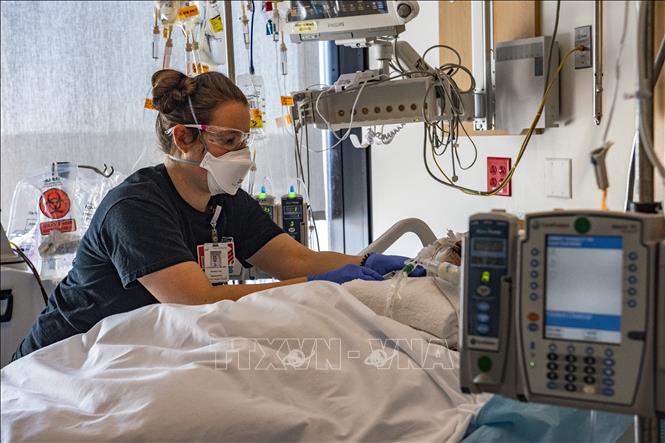 Nhân viên y tế điều trị cho bệnh nhân COVID-19 tại bệnh viện ở Worcester, Massachusetts, Mỹ. Ảnh: AFP/TTXVN