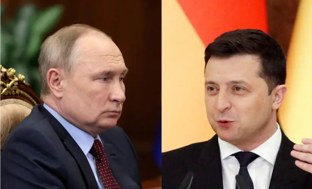 Tổng thống Nga Putin (trái) và người đồng cấp Ukraine Zelensky. Ảnh: JP