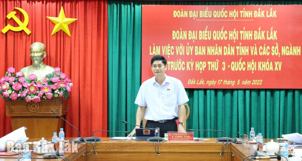 Ủy viên dự khuyết Trung ương Đảng, Chủ tịch HĐND tỉnh, Trưởng Đoàn ĐBQH tỉnh Y Vinh Tơr phát biểu tại buổi làm việc.