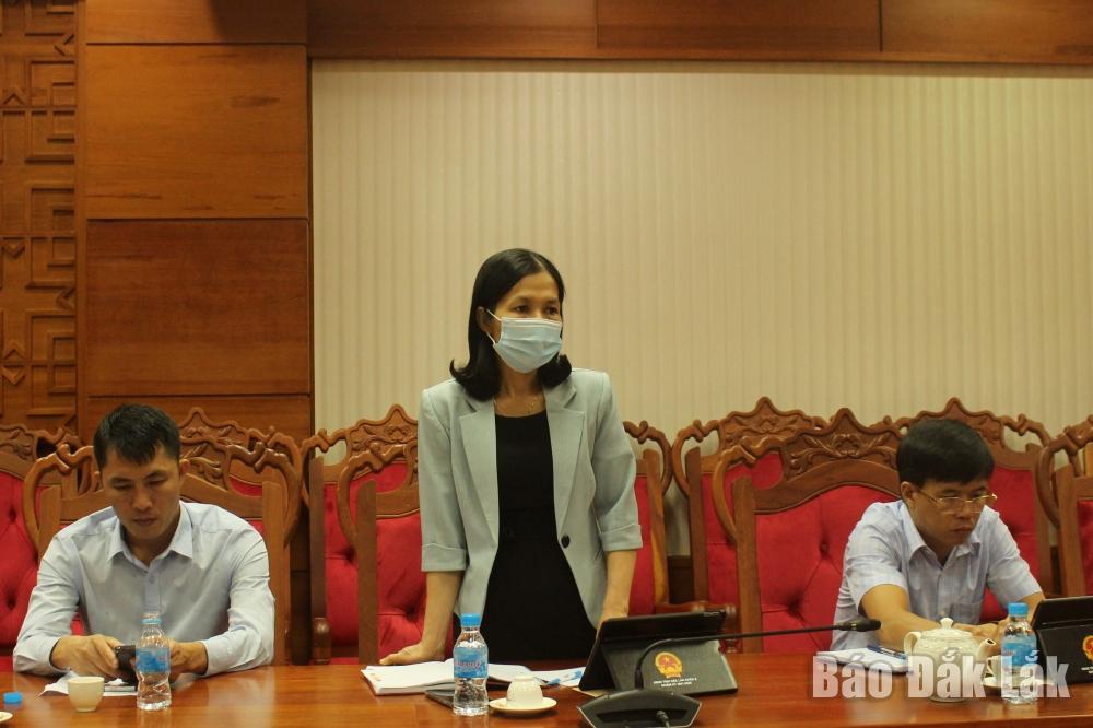 Trưởng Ban Pháp chế HĐND tỉnh Phạm Thị Phương Hoa đóng góp ý kiến tại phiên họp.