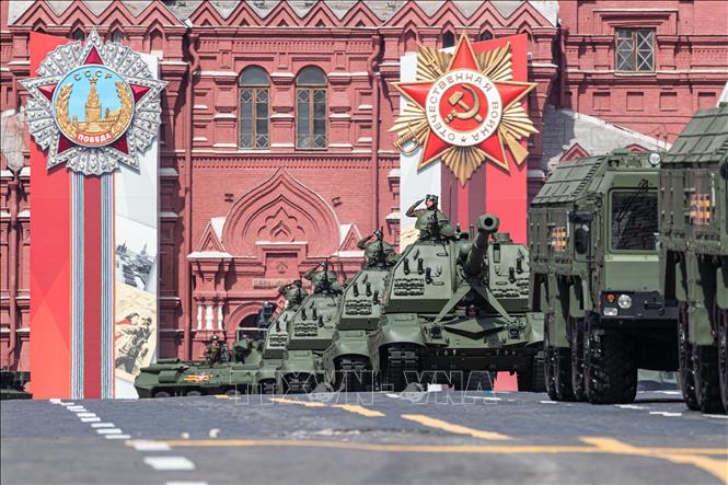 Pháo tự hành Msta-S tại lễ tổng duyệt duyệt binh kỷ niệm 77 năm (1945-2022) Chiến thắng phát xít trên Quảng trường Đỏ, thủ đô Moskva, ngày 7/5/2022. Ảnh: THX/TTXVN
