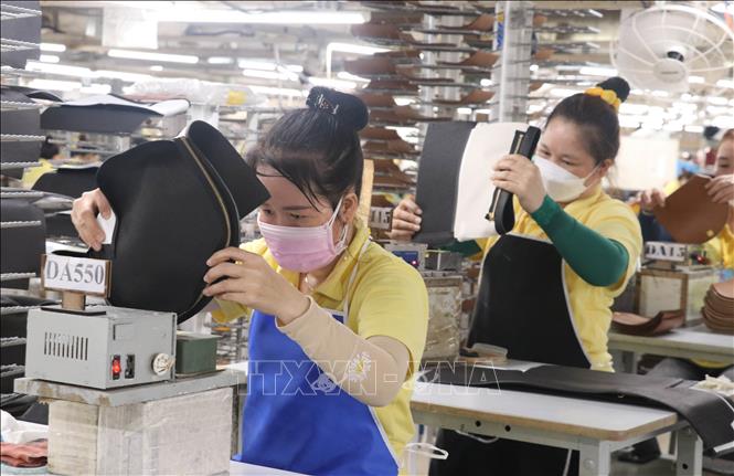 Hoạt động sản xuất tại Công ty TNHH Túi Xách Simone Việt Nam ở Cần Giuộc, Long An. Ảnh: Bùi Giang/TTXVN