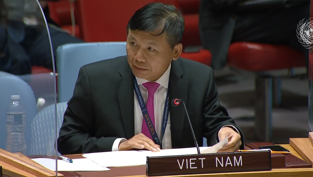 Đại sứ Đặng Đình Quý, Trưởng Phái đoàn thường trực Việt Nam tại LHQ phát biểu tại cuộc họp. (Ảnh: Baoquocte)