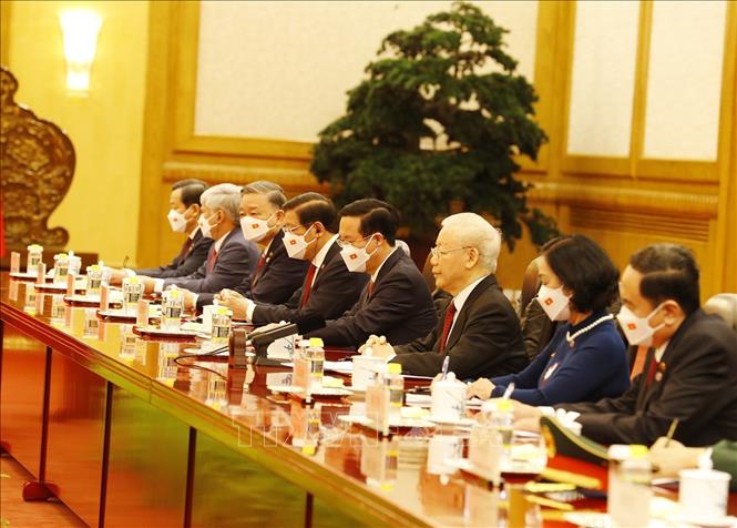 Tổng Bí thư Nguyễn Phú Trọng hội đàm với Tổng Bí thư, Chủ tịch Trung Quốc Tập Cận Bình. (Ảnh: TTXVN)