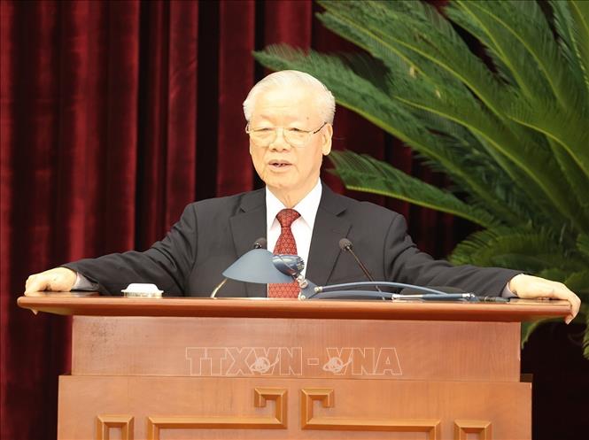 Tổng Bí thư Nguyễn Phú Trọng phát biểu tại phiên bế mạc Hội nghị. (Ảnh: TTXVN)