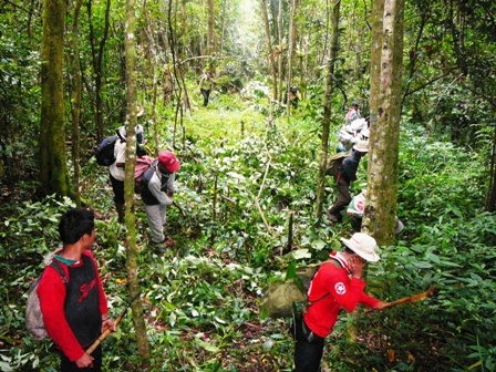 Người dân buôn Koanh và Ea Chố tham gia làm đường băng cản lửa bảo vệ rừng trong mùa khô ở Vườn Quốc gia Chư Yang Sin.