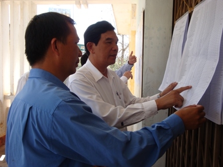 Đồng chí Hoàng Trọng Hải kiểm tra danh sách cử tri tại thị trấn Ea KNốp.JPG