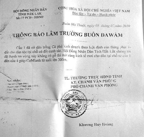 Bản sao “thông báo” giả để lừa đảo, xúi giục người dân phá rừng. (Ảnh chụp lại)