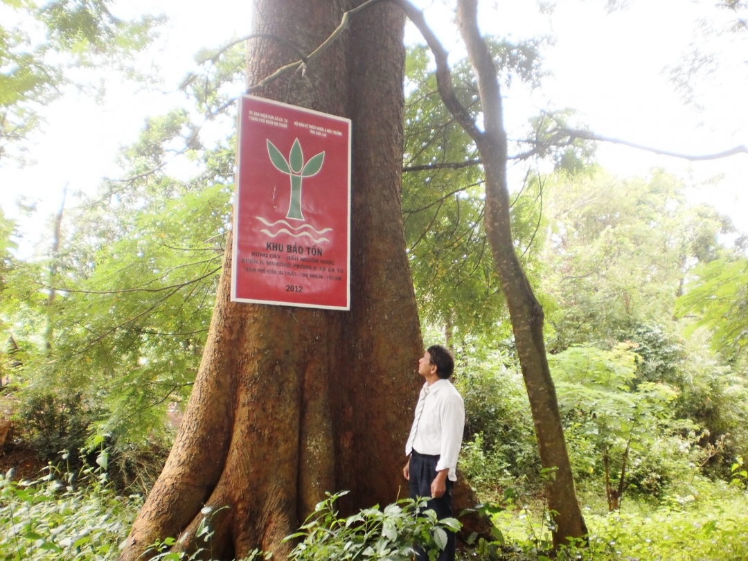 Gắn biển  bảo vệ rừng cây - nguồn nước  tại buôn K’Mrơng Prông B  (xã Ea Tu, TP. Buôn Ma Thuột). 