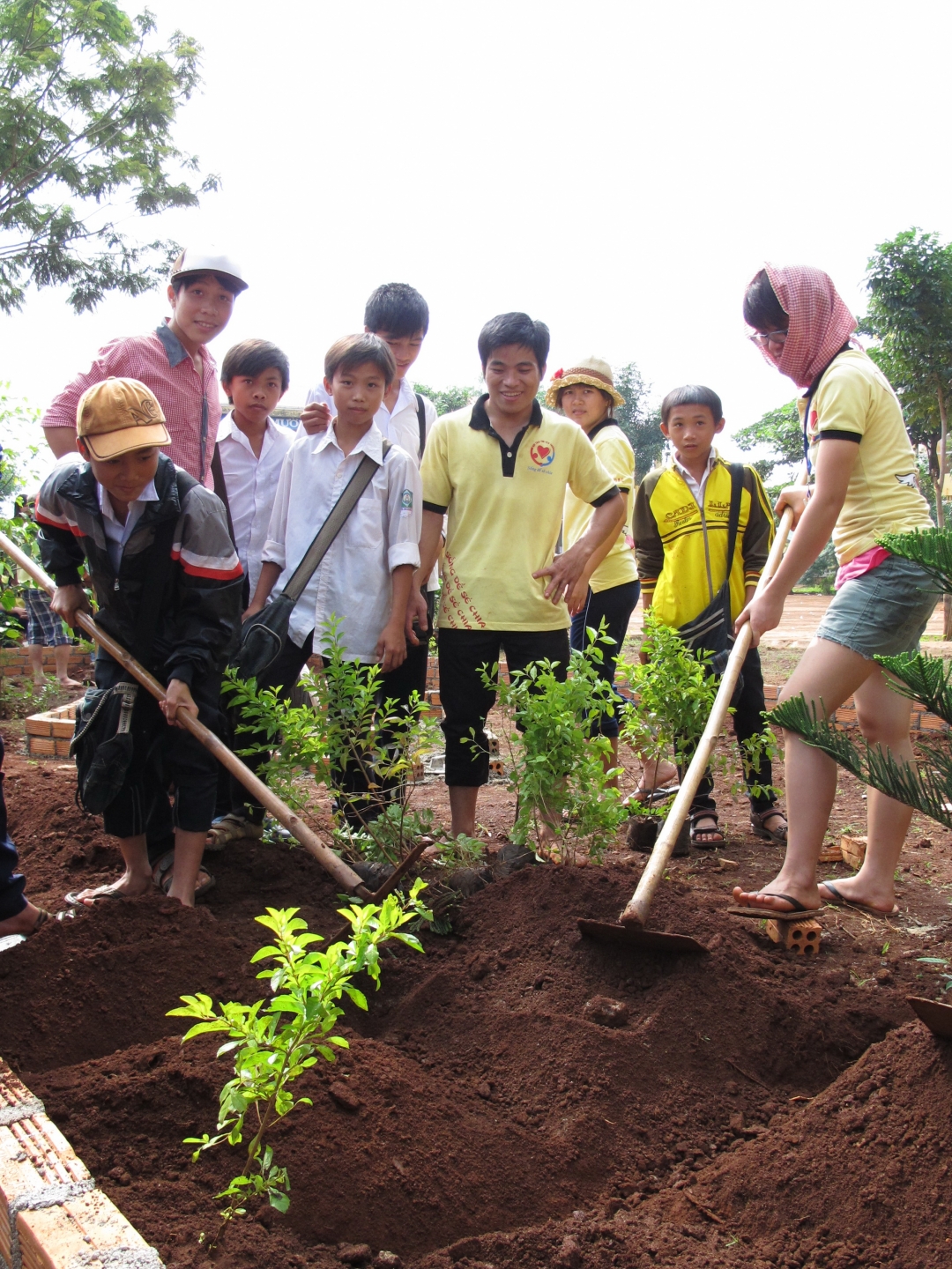 Các em học sinh Trường THCS Cao Bá Quát,  xã Cư M’gar  (huyện Cư M’gar) tham gia trồng  cây xanh trong khuôn viên trường. Ảnh: H.G 