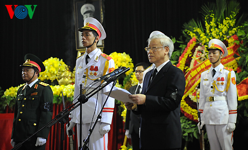 Tổng Bí thư Nguyễn Phú Trọng đọc Lời Điếu tại Lễ truy điệu Đại tướng Võ Nguyên Giáp. Ảnh: VOV