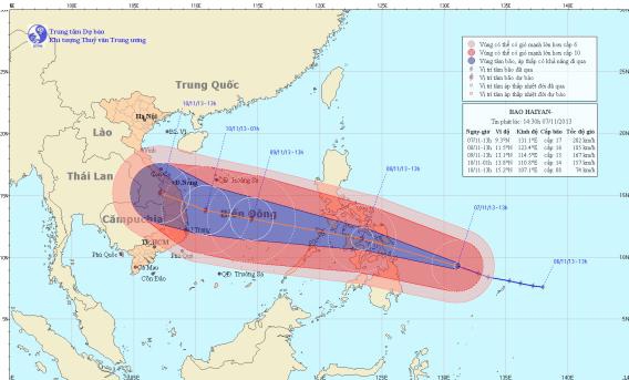 Bản đồ dự báo đường đi của bão HAIYAN lúc 13h ngày 7-11-2013  (Nguồn: Trung tâm Dự báo KTTV Trung ương)