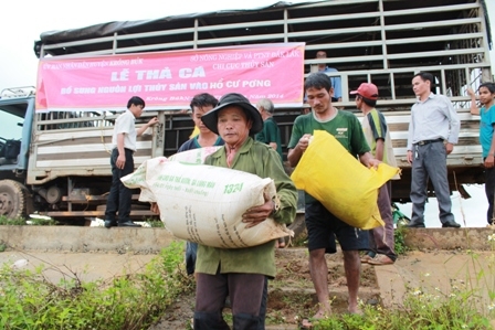 Người dân tham gia vận chuyển các bao cá  xuống hồ