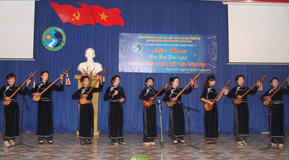 Đội văn nghệ xã Tân Hòa biểu diễn tiết mục đàn tính, hát then tại liên hoan  “Bài ca tình đoàn kết các dân tộc” huyện Buôn Đôn tháng 8-2014.