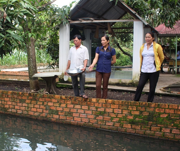 Bà Phạm Thị Ngọc Trang (giữa) trao đổi cách nuôi cá.