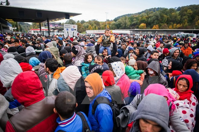 Người di cư chờ xe buýt sau khi vượt qua biên giới Áo-Slovenia. (Nguồn: AFP/TTXVN)