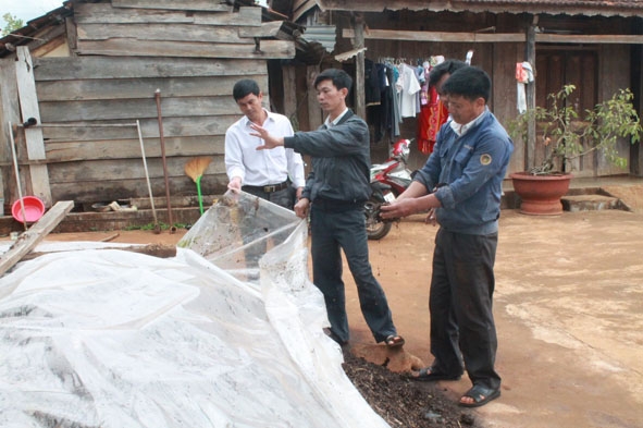 Chủ tịch Hội Nông dân xã Ea Kpam Nguyễn Văn Thanh (thứ hai từ trái sang)  chia sẻ cách ủ phân vi sinh với người dân địa phương