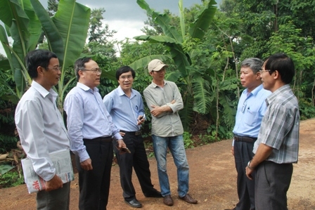 Lãnh đạo Báo Đắk Lắk và Công ty Điện lực Đắk Lắk khảo sát thực tế để làm nhà nhân ái cho gia đình chị H'Kinh Niê ở buôn Cuoorr Kawp 