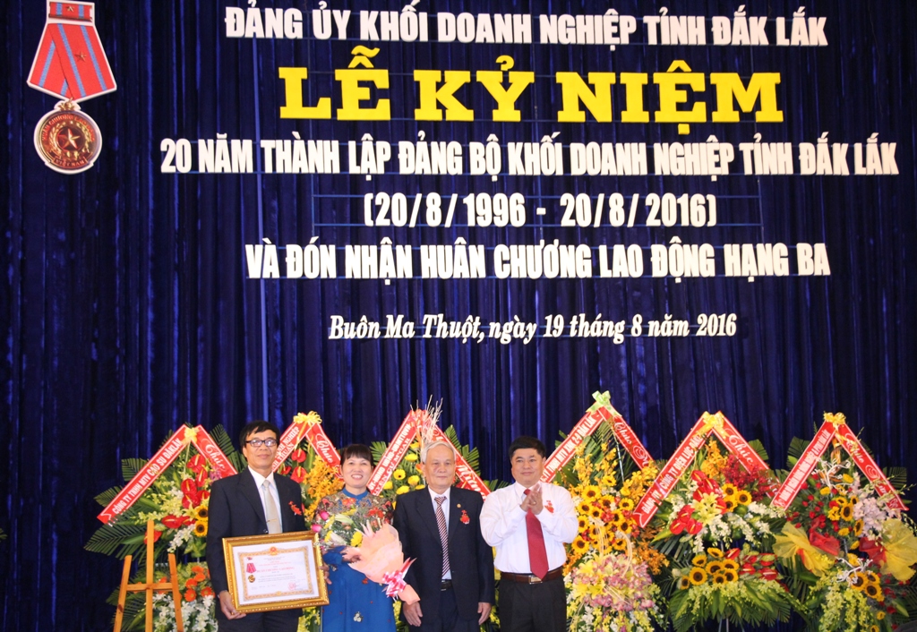 Phó Bí thư Thường trực Tỉnh ủy Phạm Minh Tấn tặng Huân chương Lao động hạng Ba và chúc mừng Đảng ủy Khối Doanh nghiệp