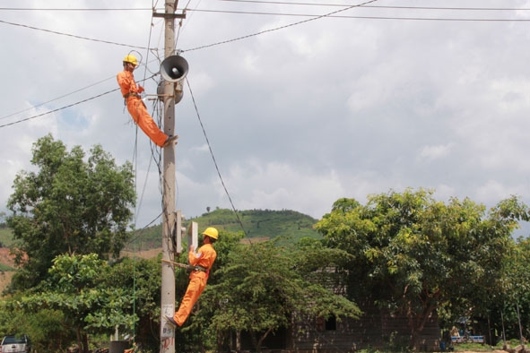 Công nhân Công ty Điện lực Đắk Lắk bảo trì đường điện ở xã vùng sâu Cư Pui.