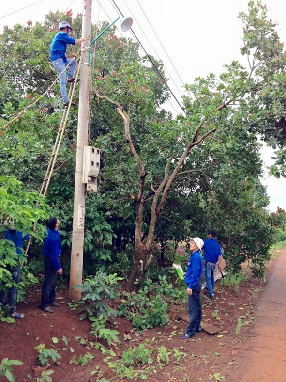 Đoàn viên, thanh niên đang  thi công công trình “Thắp sáng đường quê” ở  buôn Ajun, xã Ea Kuêh (huyện Cư M’gar). 