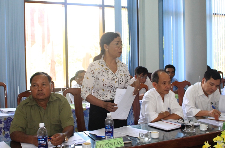 Đại diện lãnh đạo Ban Dân vận Huyện ủy Lắk đóng góp ý kiến tại hội nghị.