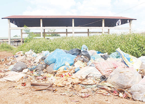       Bãi rác thải  và cây cỏ dại gần khu nhà chợ lồng  làm mất  vệ sinh,  mỹ quan chợ xã Ea Sol (huyện  Ea H'leo).
