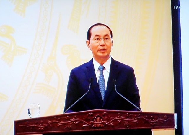 Chủ tịch nước Trần Đại Quang phát biểu chỉ đạo tại hội nghị. (Ảnh chụp qua màn hình) 