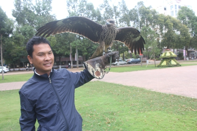 Anh Nguyễn Văn Bình thành viên CLB chim săn mồi Buôn Ma Thuột với chú diều hâu đen.