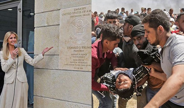 Hình ảnh trái ngược trong ngày khai trương Đại sứ quán Mỹ tại Jerusalem.   Ảnh: Daily Mail