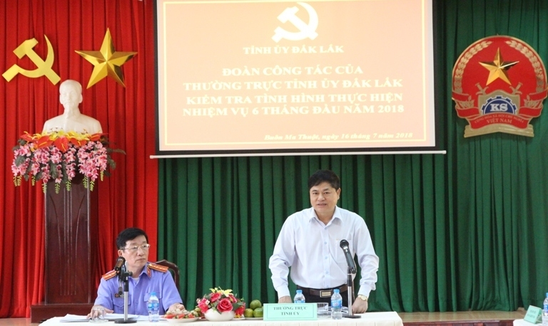 Phó Bí thư Thường trực Tỉnh ủy Phạm Minh Tấn phát biểu kết luận buổi làm việc. 