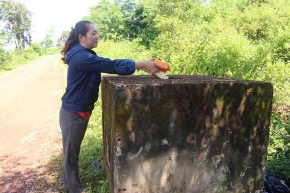 Người dân bỏ bao bì thuốc bảo vệ thực vật vào bể chứa tại xã Ea Đrơng. 