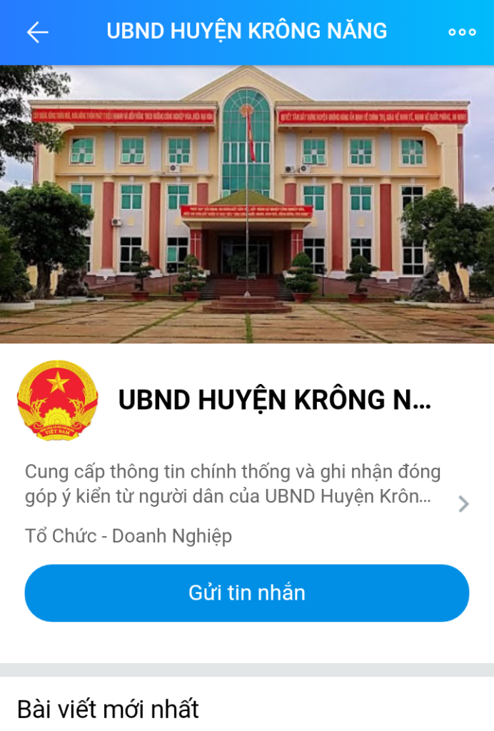Giao diện trang chủ UBND huyện Krông Năng trên ứng dụng mạng xã hội Zalo.