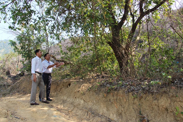 Lãnh đạo UBND xã Yang Reh bàn phương án san ủi, phát quang bụi rậm để làm lối đi lên đá Voi. 