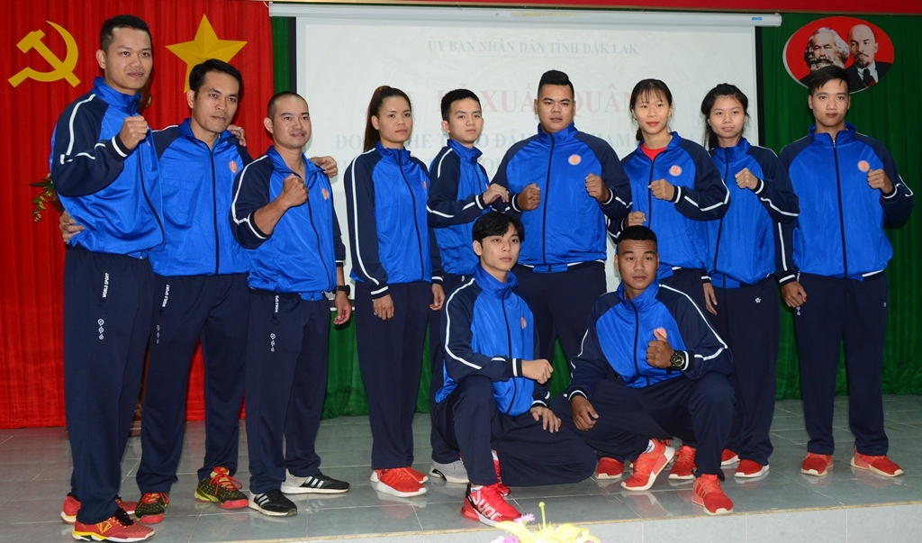 Các vận động viên đội tuyển karatedo Đắk Lắk tại Lễ xuất quân dự Đại hội thể thao toàn quốc năm 2019.
